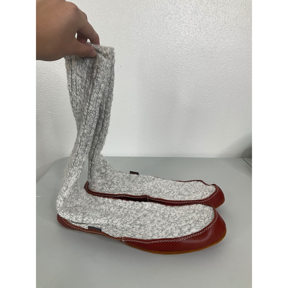 Acorn Mens Slipper Socks Grey Ragg Wool Leather Sidewall Red Size 12-13 XL